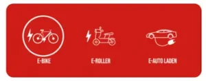 Logo von E-Bike, E-Roller und E-Auto Laden in rot und weiß