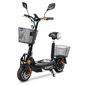 Kompakter E-Scooter mit Sitz, Retro-Design und stabilem Rahmen – perfekter Cityflitzer von Rolektro.