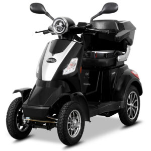 Stabiles Vierrad-Elektromobil mit großer Sitzfläche, ideal für Stadt und Freizeit in schwarzer Farbe