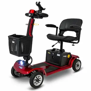 Kompakter, klappbarer E-Scooter mit vier Rädern für einfache Mitnahme und Transport.