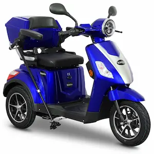 Dreirad-Scooter mit großem Sitz, LED-Beleuchtung und Korb – ideal für Senioren in blauer Farbe
