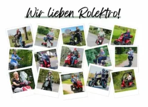 Collage glücklicher Rolektro-Fahrerinnen und -Fahrer mit verschiedenen E-Mobilen und E-Scootern – Wir lieben Rolektro!