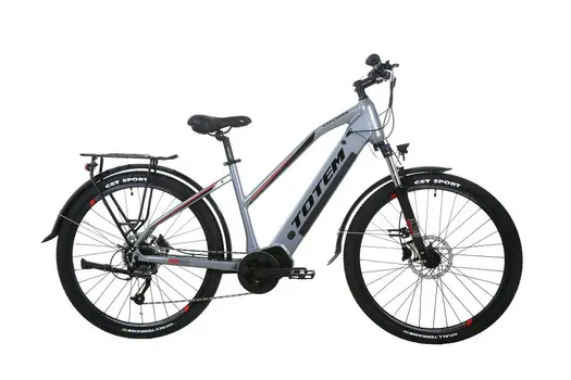 TOTEM Explorer E-Bike in Silbergrau – alltagstaugliches Trekkingrad mit Suntour-Federgabel