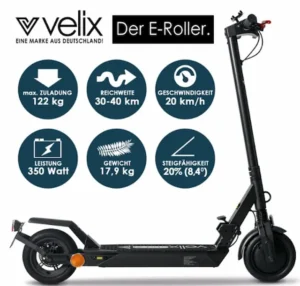 Velix E-City Roller Velix E-Kick 20 Pro mit technischen Details – leistungsstarker Motor, großer Akku und robuste Bauweise für maximale Reichweite und Komfort
