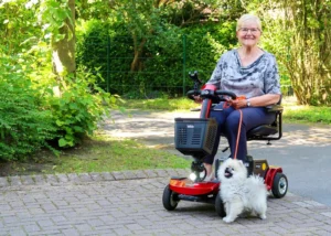 Ältere Frau fährt ein rotes Rolektro E-Trike mit kleinem weißen Hund im Park – komfortables Elektromobil für Senioren.
