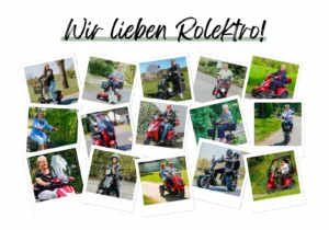 Collage glücklicher Rolektro-Fahrerinnen und -Fahrer mit verschiedenen E-Mobilen und E-Scootern – Wir lieben Rolektro!