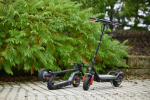 Zwei Velix E-City Roller im Park – ein Modell fahrbereit, ein Modell zusammengeklappt, für flexible und nachhaltige Mobilität