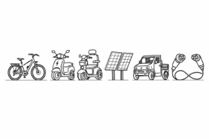 Symbole für E-Mobilität mit E-Bike, E-Roller, Elektromobil, Solarpanel, Elektrofahrzeug und Ladekabel