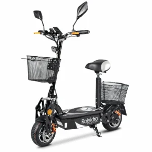 Rolektro E-Joy 20 Lithium kaufen: Praktischer, schwarzer Travel- und Fun-E-Scooter mit bequemer Sitzfläche, zwei Transportkörben und markanten orangefarbenen Bremsdetails auf weißem Grund.