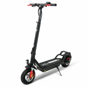 Rolektro Velix E-Kick 20 Pro kaufen: Leistungsstarker, schwarzer E-Scooter mit rotem Bremssystem und rutschfestem Trittbrett, freigestellt in der Vorderansicht auf weißem Grund.