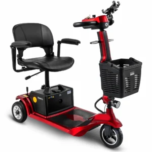 Rolektro E-Trike 6 V.2 kaufen: Mobiles, rotes Dreirad-Seniorenmobil mit tiefem Einstieg, gepolstertem schwarzen Kunstledersitz und abnehmbarem Frontkorb auf weißem Grund.